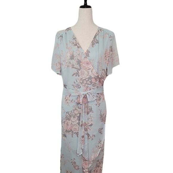 Leith Green Floral Wrap High-Low Lined Chiffon Dress Size XXL - Picture 1 of 10